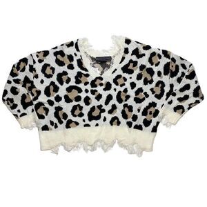 Polly & Esther Sweater Top Large White Women's Animal Print‎ Destructed NEW
